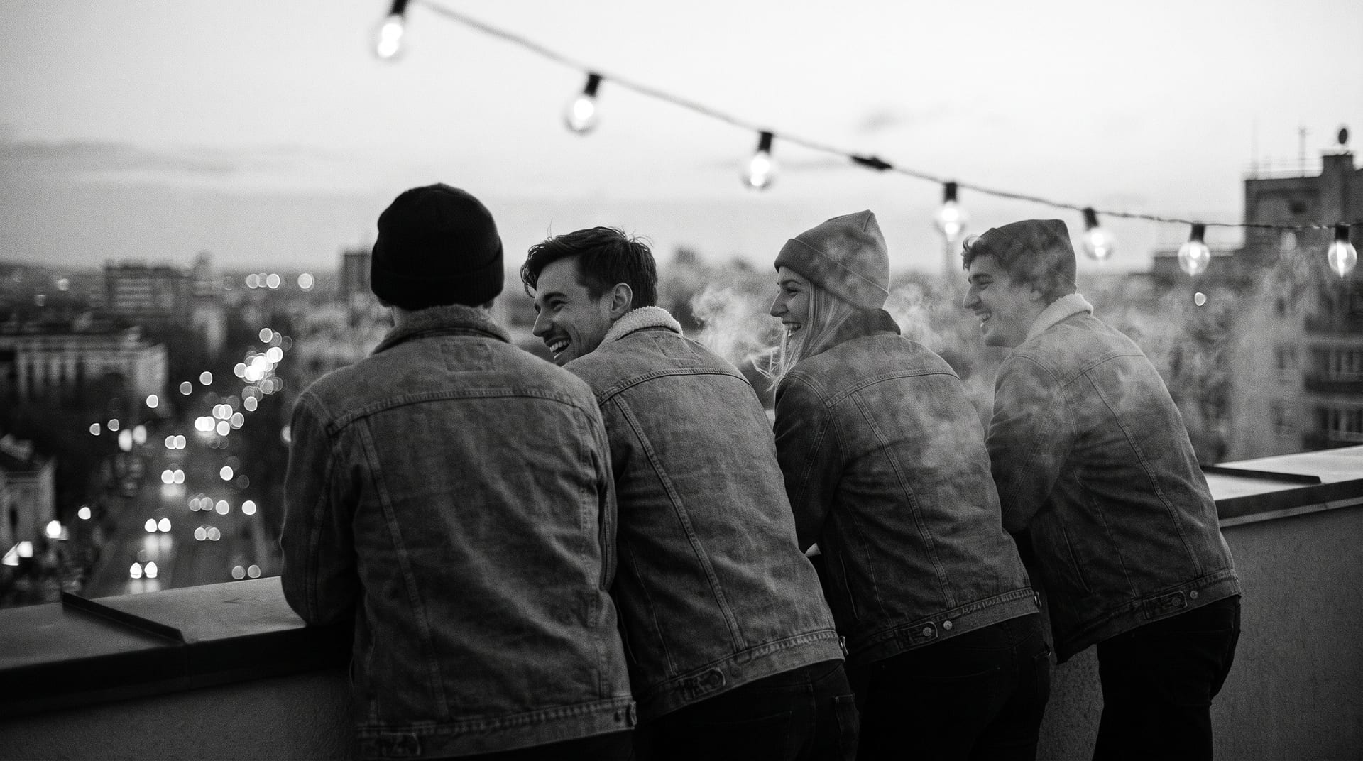 Friends relaxing on a rooftop at dusk