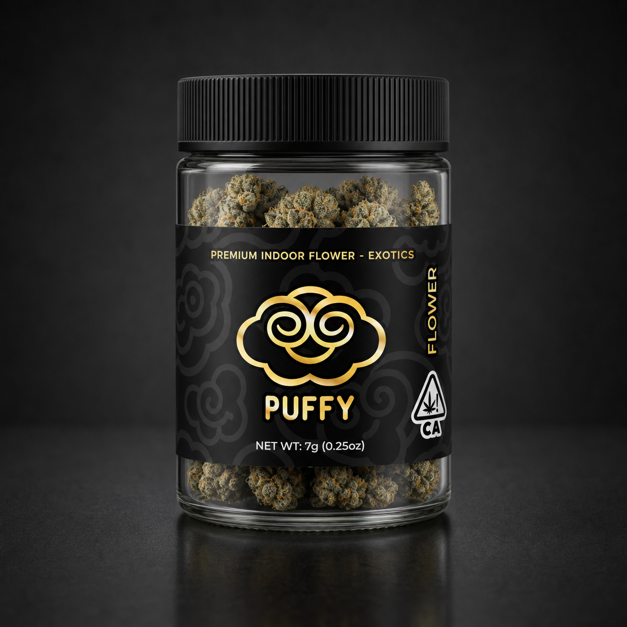 Puffy Premium Indoor Flower Exotics jar with gold label accents