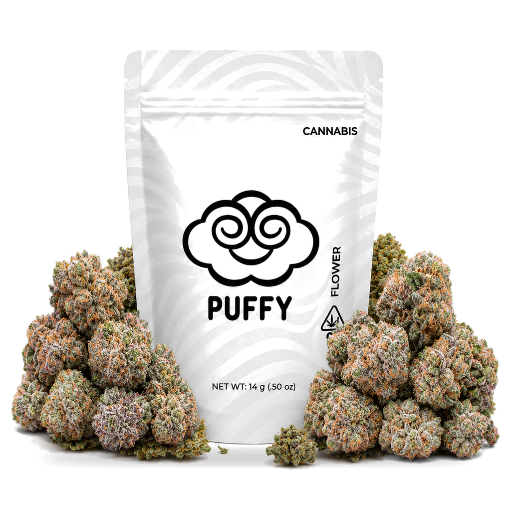 Puffy 14g half-ounce mylar bag with premium cannabis flower