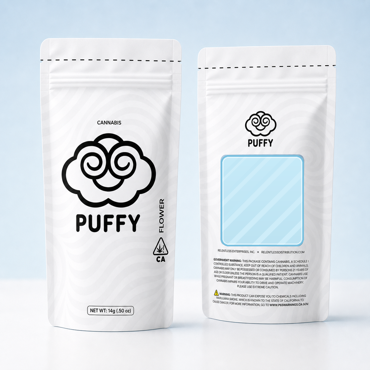 Puffy 14g half-ounce mylar bag front and back with frosted square back window