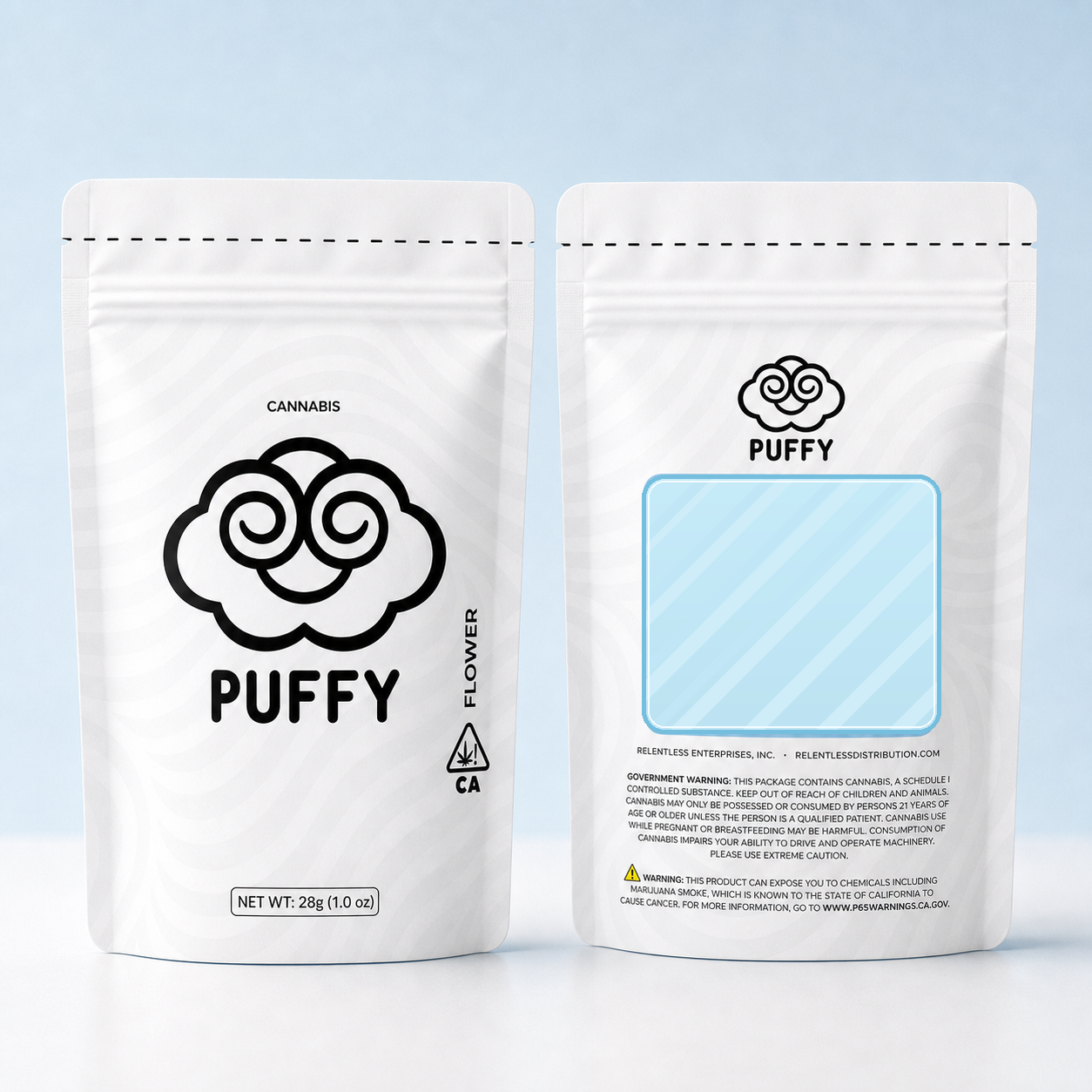 Puffy 28g ounce mylar bag front and back with frosted square back window