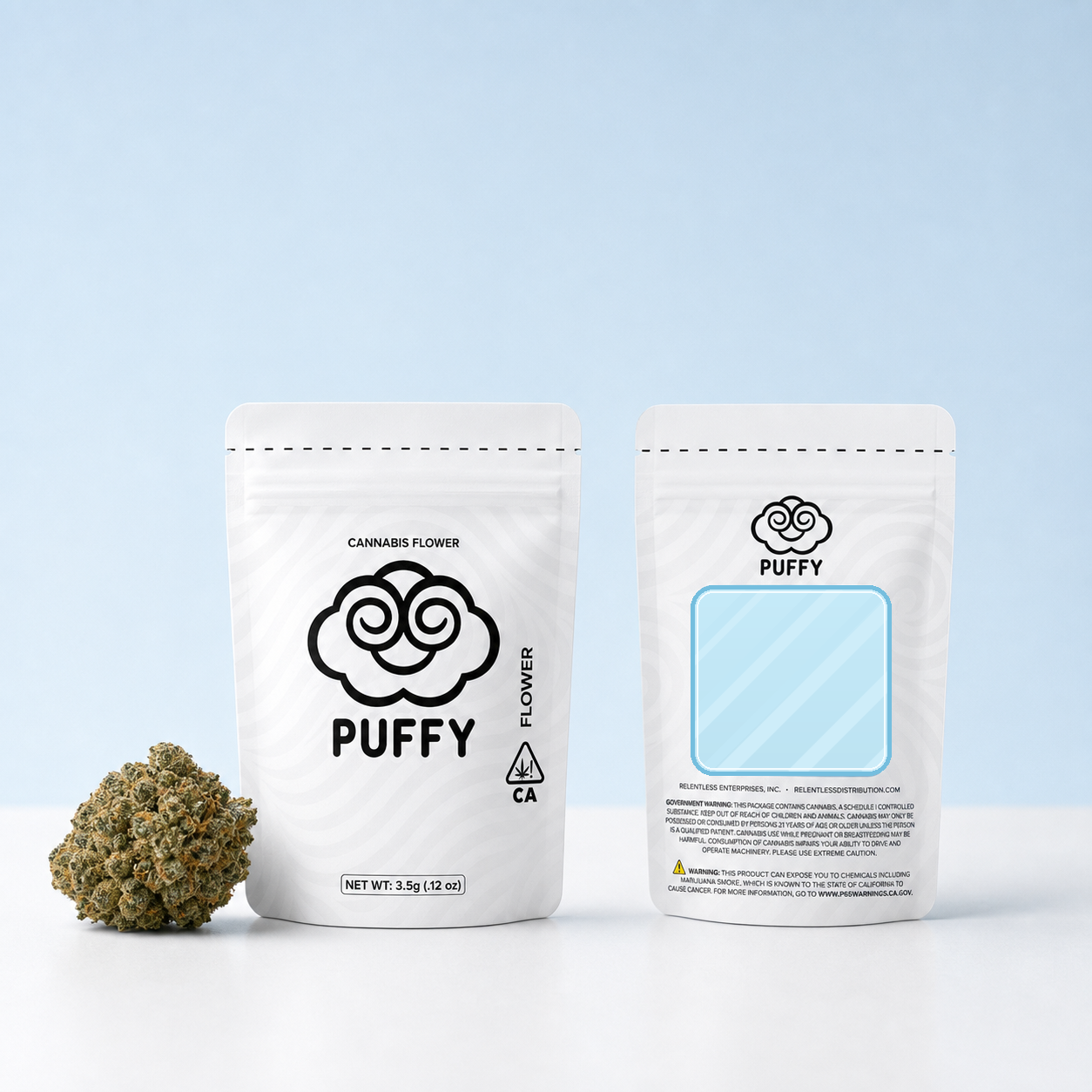 Puffy 3.5g eighth mylar bag front and back with frosted square back window