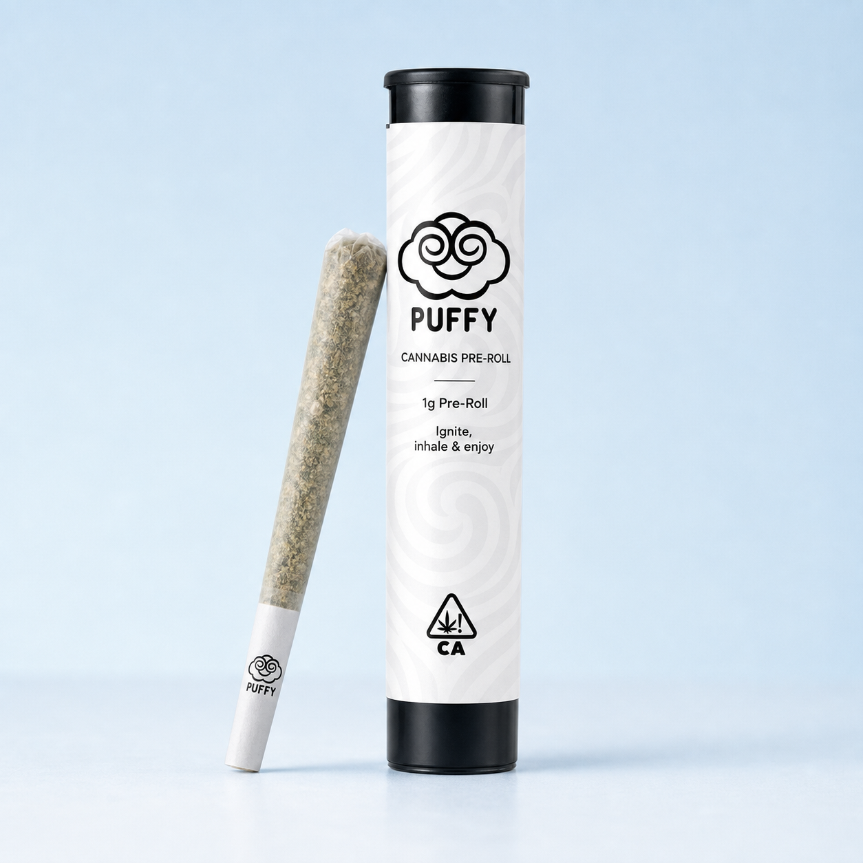 Puffy cannabis pre-roll tube with one pre-roll leaning beside it